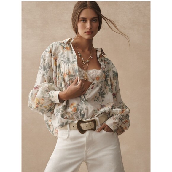 Anthropologie Tops - Anthropologie Pilcro Batwing Yoke Blouse Ivory Floral Combo Size Medium
